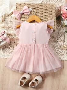 SHEIN Baby Bow Front Ruffle Trim Mesh Overlay Dress - Pink - View 2