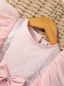 SHEIN Baby Bow Front Ruffle Trim Mesh Overlay Dress - Pink - View 3