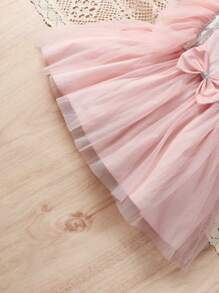 SHEIN Baby Bow Front Ruffle Trim Mesh Overlay Dress - Pink - View 5