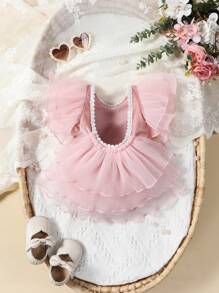 SHEIN Recién nacido Body foto ribete con fruncido de malla en contraste
