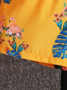 SHEIN 小男童熱帶印花和火烈鳥圖案襯衫和短褲套裝不帶T恤 - 芥末黃 - 查看 3