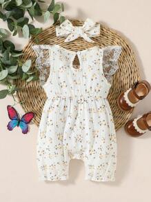 Baby Ditsy Floral Print Ruffle Trim Bow Front Romper - White - View 2