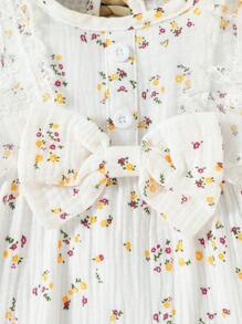 Baby Ditsy Floral Print Ruffle Trim Bow Front Romper - White - View 6