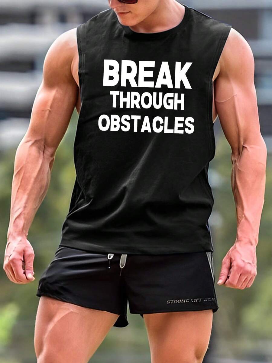 Running Men Slogan Graphic Sports Tank Top - Black - View 1