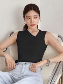 DAZY 女士商务休闲不对称领无袖针织上衣 - 黑色 - 查看 2