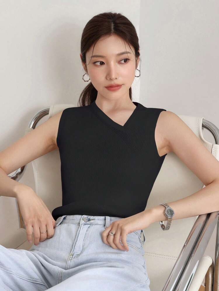 Women Business Casual Asymmetric Collar Sleeveless Knitted Top