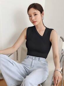 DAZY 女士商务休闲不对称领无袖针织上衣 - 黑色 - 查看 3