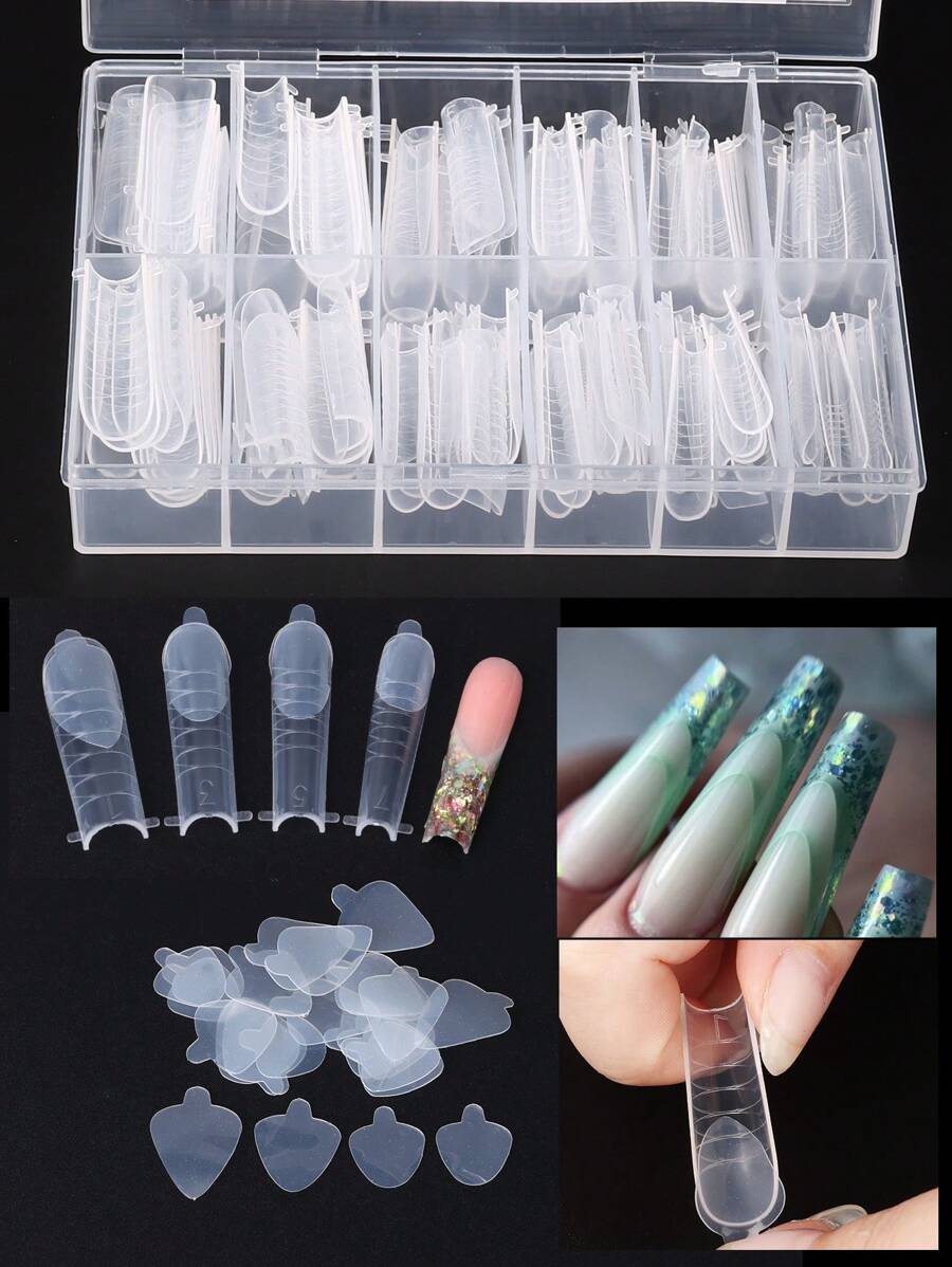 FULL BEAUTY 法式美甲双贴片套装，120片美甲贴片+24片硅胶模具，法式美甲假指甲贴片，适用于凝胶延长甲片，双贴片美甲工具，美甲用品，美甲工具，美甲艺术工具，返校季，美甲，美甲工具，按压式美甲 - 無色 - 查看 1
