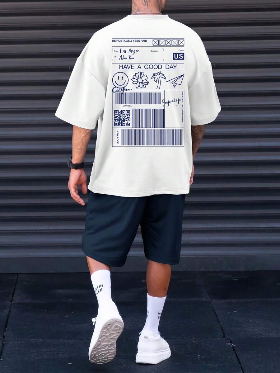 Manfinity EMRG Men Plus Cartoon Graphic Drop Shoulder Tee & Shorts - Blue and White - View 1