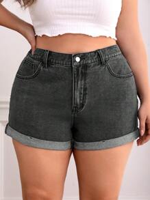 SHEIN Frenchy Shorts en mezclilla bajo de doblez - Negro - Ver 2