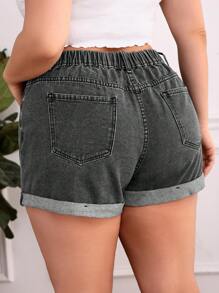 SHEIN Frenchy Shorts en mezclilla bajo de doblez - Negro - Ver 3
