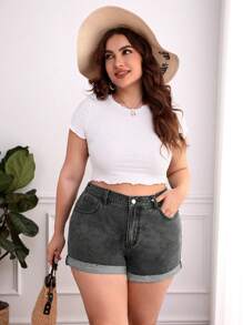 SHEIN Frenchy Shorts en mezclilla bajo de doblez - Negro - Ver 1