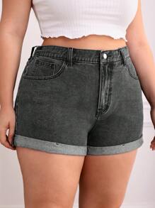 SHEIN Frenchy Shorts en mezclilla bajo de doblez - Negro - Ver 6