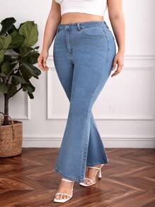 SHEIN Frenchy 大碼高腰牛仔喇叭褲 - 淺色水洗藍 - 查看 4