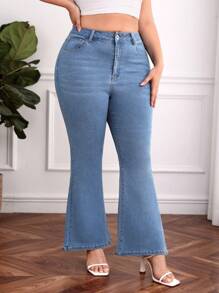 SHEIN Frenchy 大碼高腰牛仔喇叭褲 - 淺色水洗藍 - 查看 5