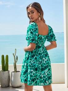 SHEIN VCAY Đầm Cắt ra Xù Dải chun Thắt nơ trước Hoa Tất cả trên in Boho - Nhiều màu - Xem 2