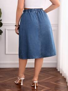 大碼前紐扣牛仔半身裙 - 深色水洗藍 - 查看 3