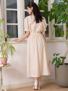 DAZY Solid Tie Front Puff Sleeve Dress Sundress - Apricot - View 2