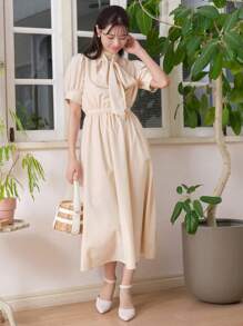 DAZY Solid Tie Front Puff Sleeve Dress Sundress - Apricot - View 3