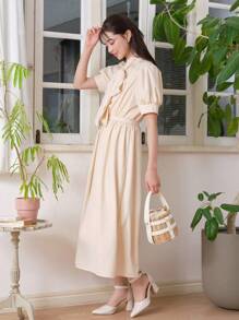 DAZY Solid Tie Front Puff Sleeve Dress Sundress - Apricot - View 5