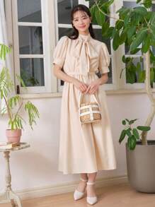 DAZY Solid Tie Front Puff Sleeve Dress Sundress - Apricot - View 6