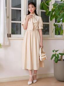DAZY Solid Tie Front Puff Sleeve Dress Sundress - Apricot - View 7