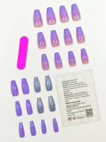 24入組紫色漸層五彩紙屑長棺材假指甲和 1入組指甲銼和 1 張膠帶按壓指甲美甲套件 - 彩色 - 查看 2