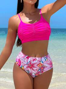 Floral Print Ruched High Waisted Bikini Set For Summer Beach - Multicolor - View 2