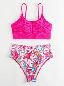 Floral Print Ruched High Waisted Bikini Set For Summer Beach - Multicolor - View 5
