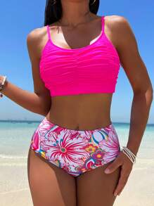 Floral Print Ruched High Waisted Bikini Set For Summer Beach - Multicolor - View 7