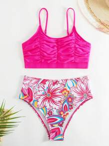 Floral Print Ruched High Waisted Bikini Set For Summer Beach - Multicolor - View 8