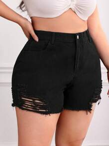 Plus Ripped Raw Hem Denim Shorts - Black - View 3