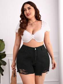 Plus Ripped Raw Hem Denim Shorts - Black - View 4