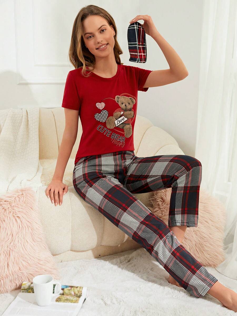 RueChic Bear & Plaid Print PJ Set - Red - View 1