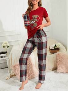 RueChic Bear & Plaid Print PJ Set - Red - View 3