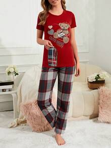 RueChic Bear & Plaid Print PJ Set - Red - View 4