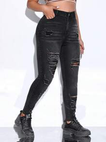 SHEIN ICON Plus Ripped Skinny Jeans - Black - View 2
