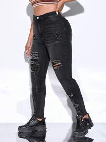SHEIN ICON Plus Ripped Skinny Jeans - Black - View 4