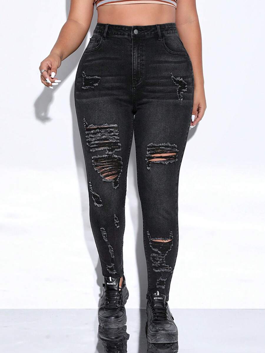 SHEIN ICON Plus Ripped Skinny Jeans - Black - View 1