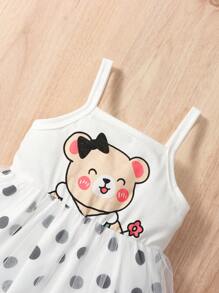 嬰兒波卡圓點和卡通圖案網紗拼接吊帶洋裝 - 白色 - 查看 5