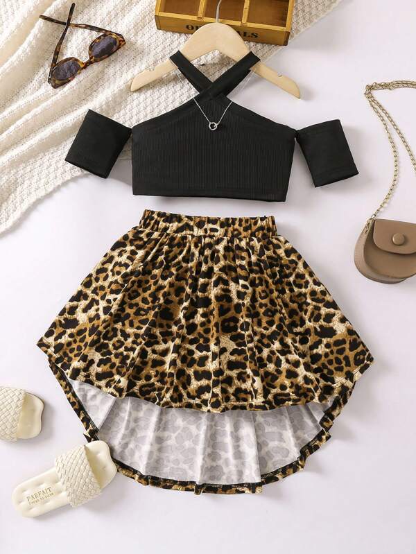 SHEIN Set de fuste cu umăr rece pentru fetiță tânără și cu imprimeu leopard