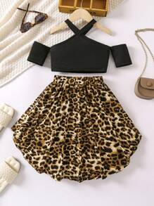 SHEIN 青少女冷肩t恤&豹紋高低裙套裝 - 彩色 - 查看 2
