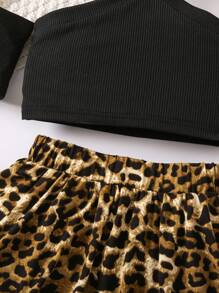 SHEIN 青少女冷肩t恤&豹紋高低裙套裝 - 彩色 - 查看 6