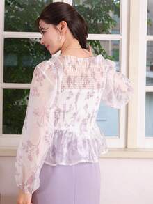 DAZY 印花燈籠袖荷葉邊下擺襯衫 - 白色 - 查看 3