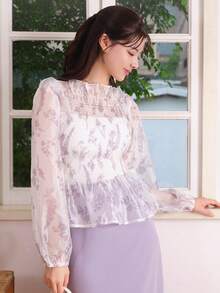 DAZY 印花燈籠袖荷葉邊下擺襯衫 - 白色 - 查看 5