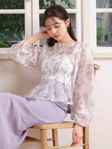 DAZY 印花燈籠袖荷葉邊下擺襯衫 - 白色 - 查看 6