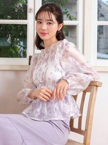 DAZY 印花燈籠袖荷葉邊下擺襯衫 - 白色 - 查看 7