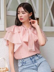 DAZY Blusa Con Cuello De Lazo Y Detalles De Volantes - Rosa - Ver 1