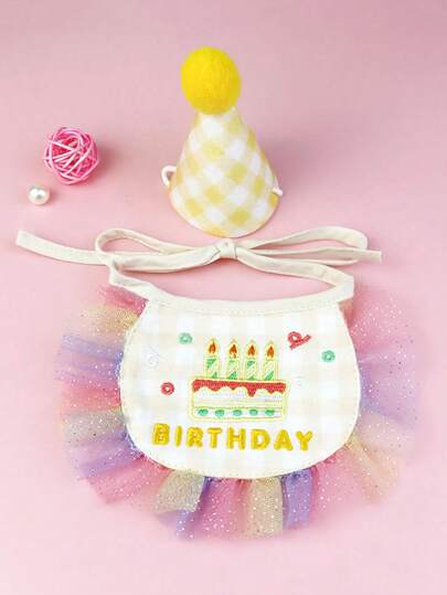 Plaid Lace Birthday Scarf + Hat Set, Pet Birthday Party Set, Suitable For Cats And Dogs, Birthday Celebration, Gift