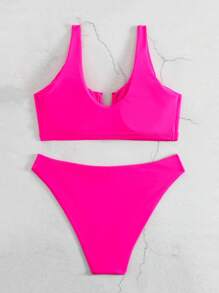 Swim Basics Summer Beach Plain V Neck Bikini Set